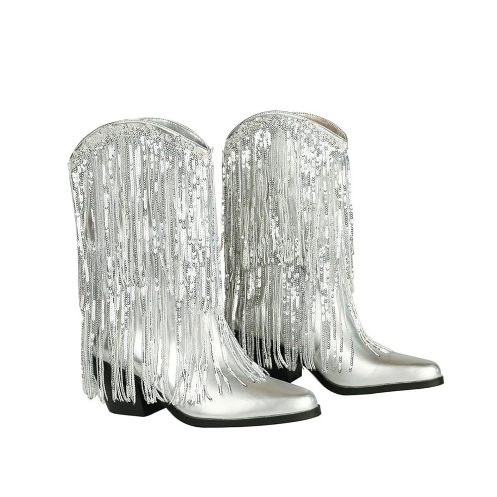 NWOT Metallic Fringe Cowboy Boots for Women Pointed Toe Chunky heel Mid Calf